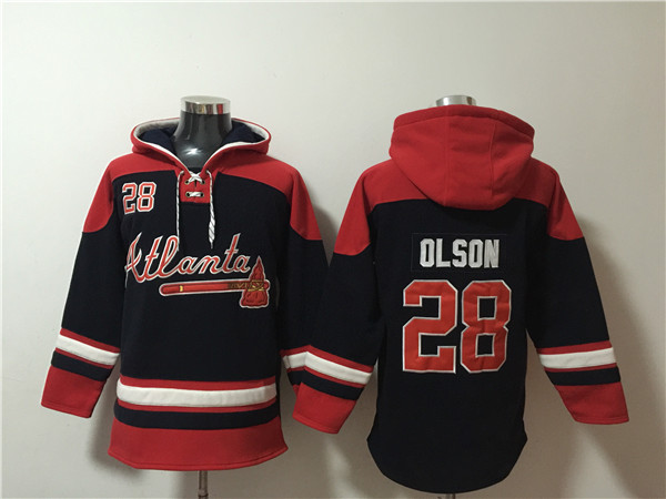 Men's Atlanta Braves #28 Matt Olson Navy/Red Ageless Must-Have Lace-Up Pullover Hoodie